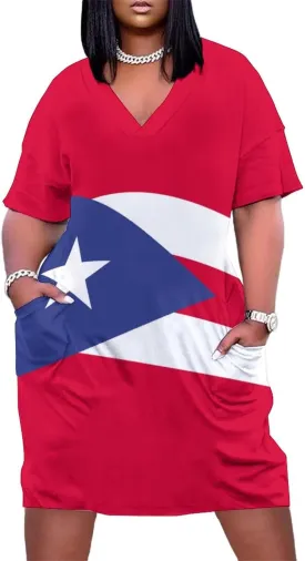 Puerto Rico Flag Plus Size Dress for Women Long Summer Top Casual Casual T-Shirt Swing Dress Look Thin 2XL