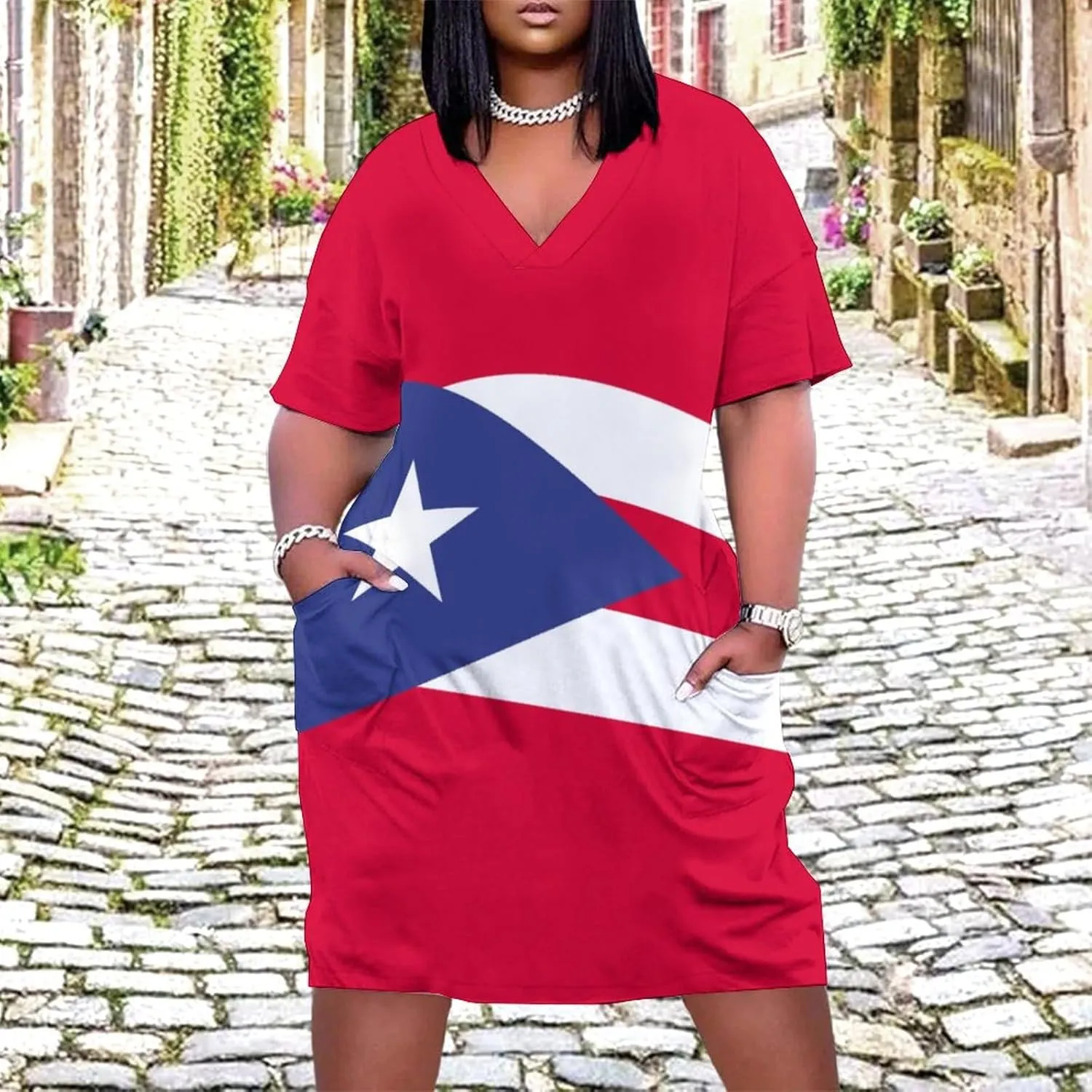 Puerto Rico Flag Plus Size Dress for Women Long Summer Top Casual Casual T-Shirt Swing Dress Look Thin 2XL