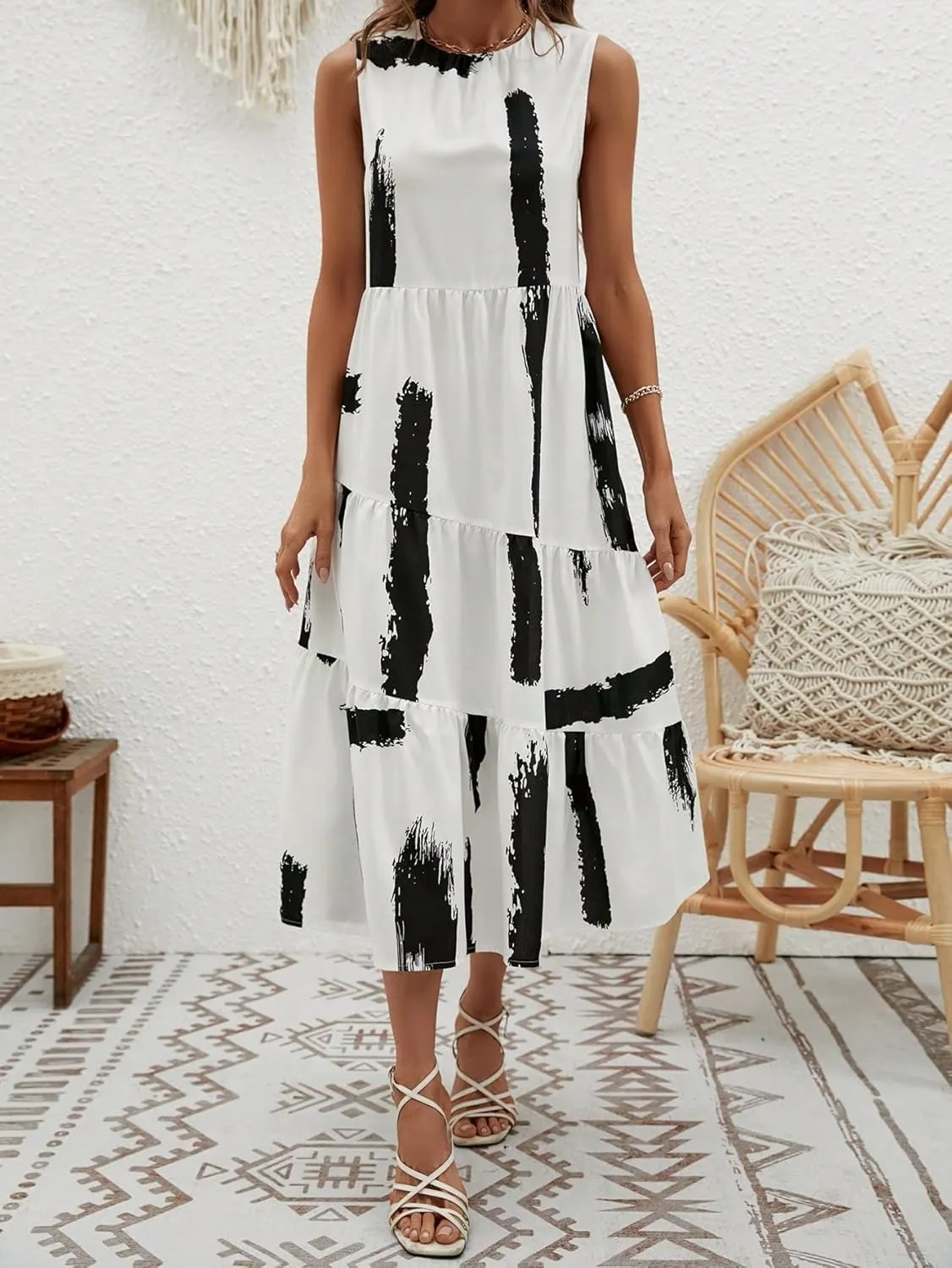 RASNEY Women's Dress Brush Print Layered Hem Smock Dress Dress IPADSA (Color : White, Size : Large)