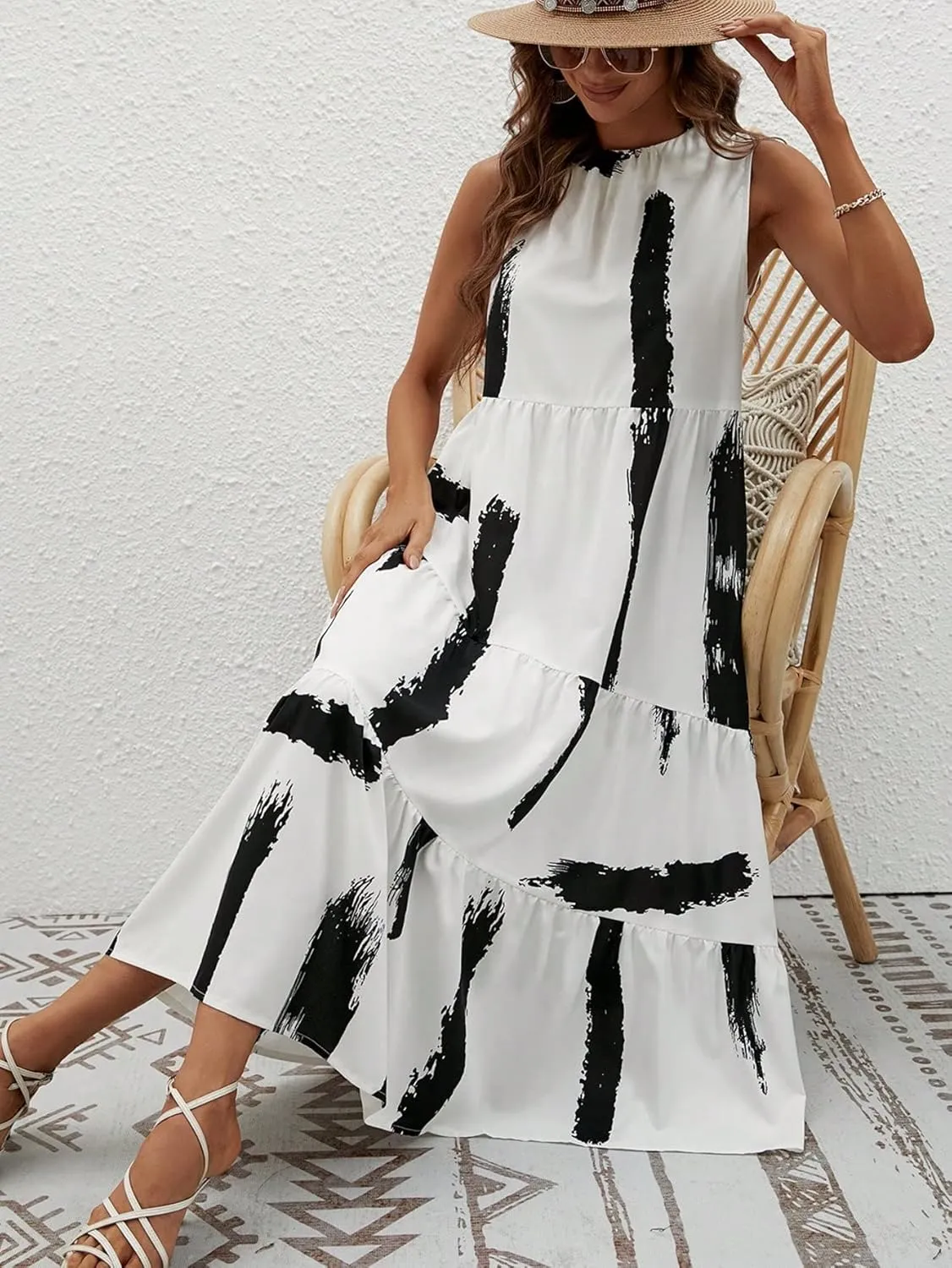 RASNEY Women's Dress Brush Print Layered Hem Smock Dress Dress IPADSA (Color : White, Size : Large)