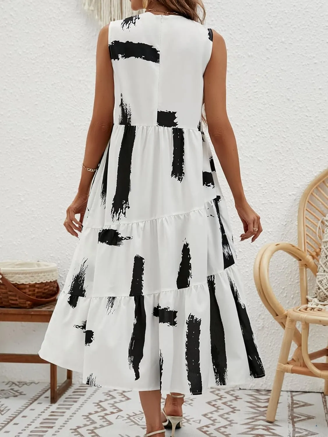 RASNEY Women's Dress Brush Print Layered Hem Smock Dress Dress IPADSA (Color : White, Size : Large)