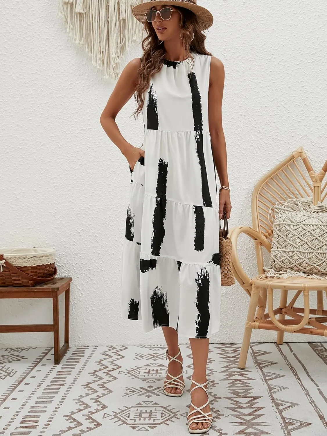 RASNEY Women's Dress Brush Print Layered Hem Smock Dress Dress IPADSA (Color : White, Size : Large)