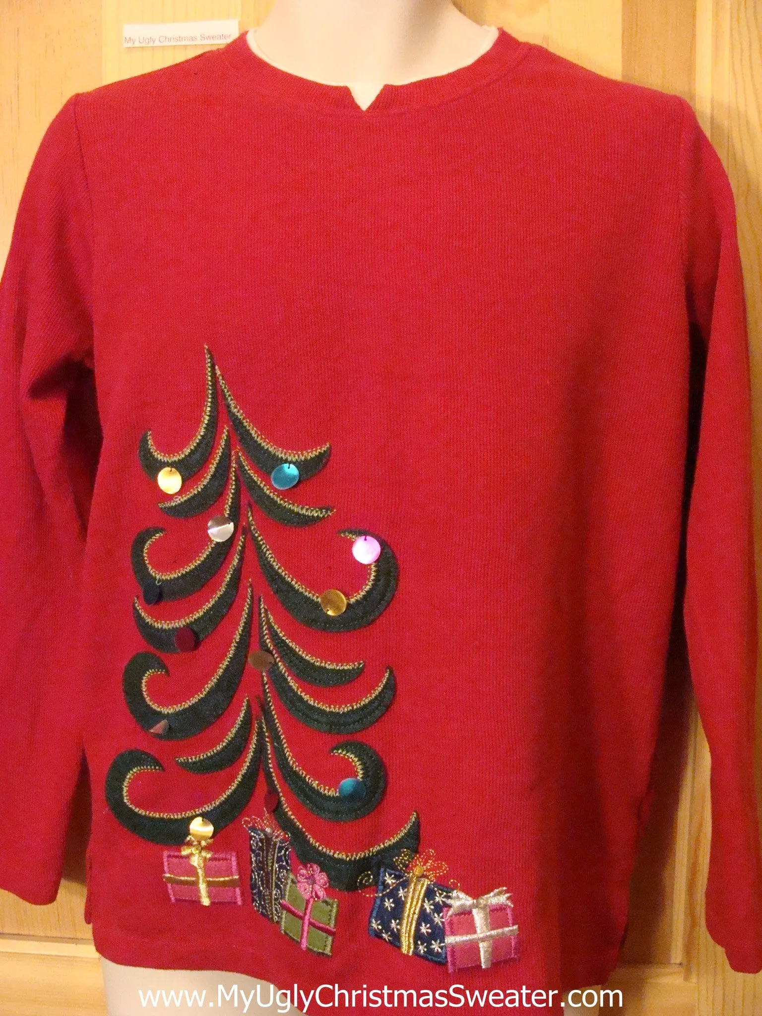 Red Christmas Sweater Jumper with Curly Cue Tree