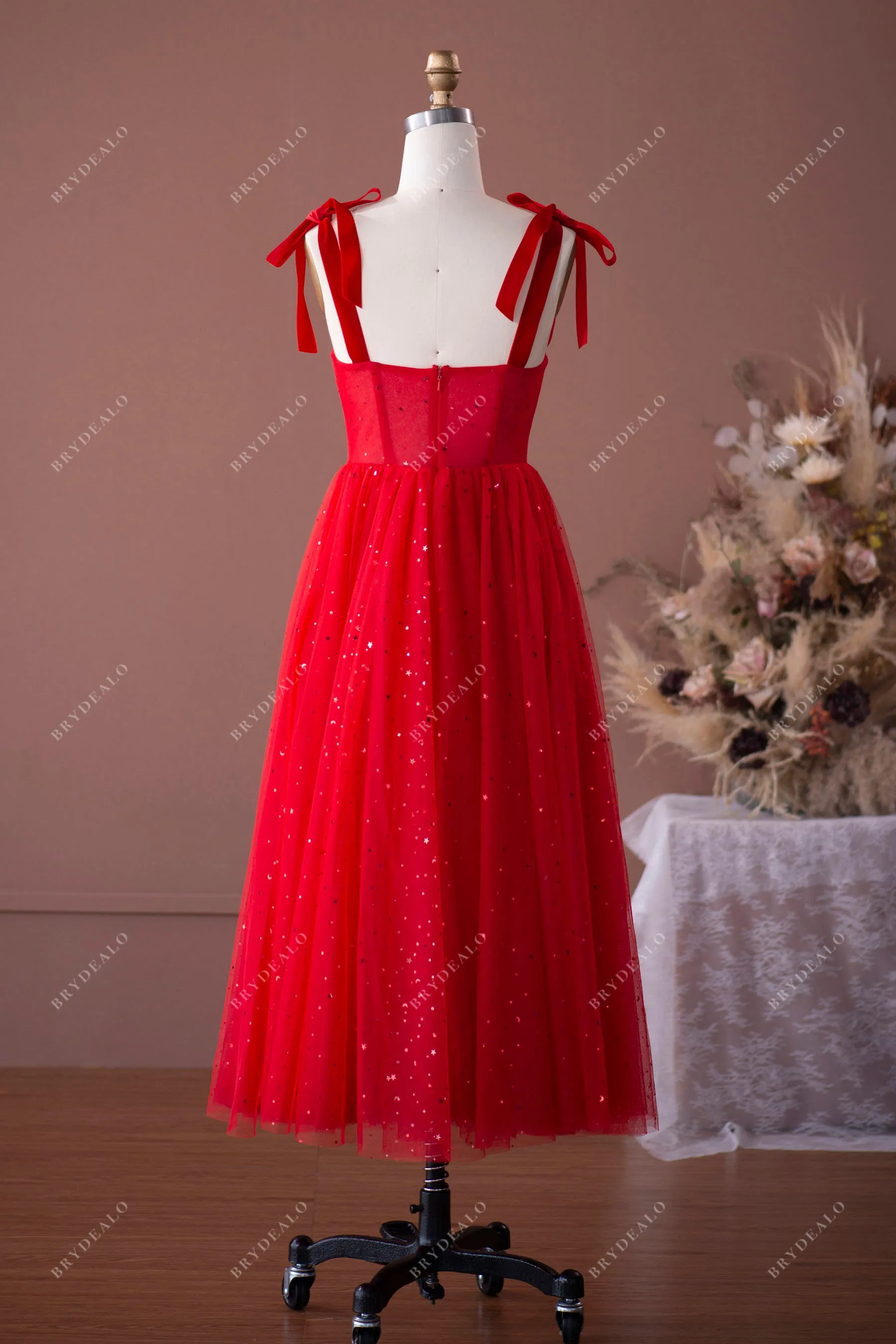 Red Shoulder Tie Corset Star Tea Length Fairy Prom Formal Dress