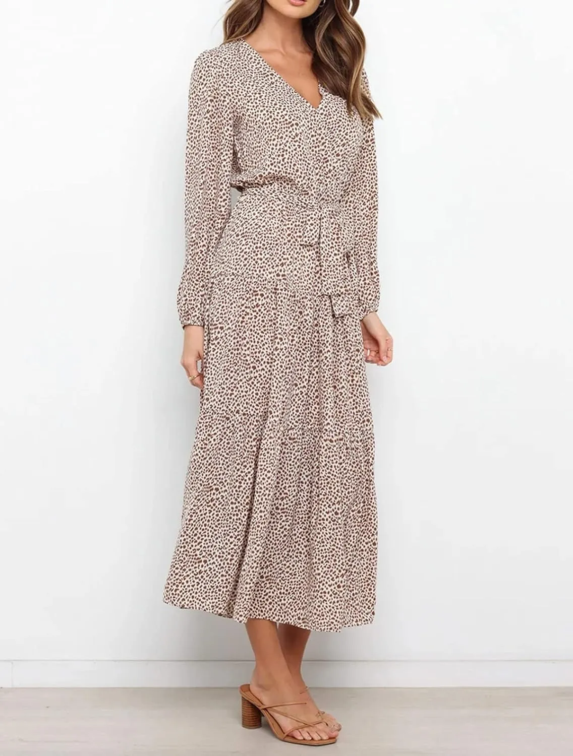 R.Vivimos Women's Fall Long Sleeve Casual Dresses Wrap V Neck Polka Dots Tiered Ruffle Flowy Midi Dress with Belt