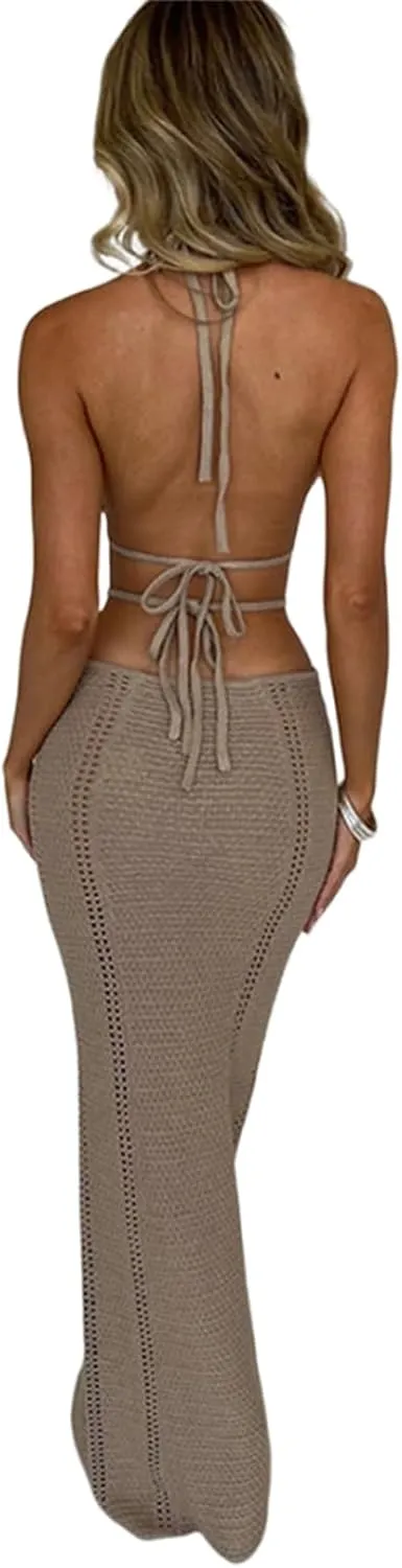 Sexy Crochet Maxi Dress for Women Bodycon Backless Strapless Halter Dress Hollow Out Knit Long Beach Dress Summer
