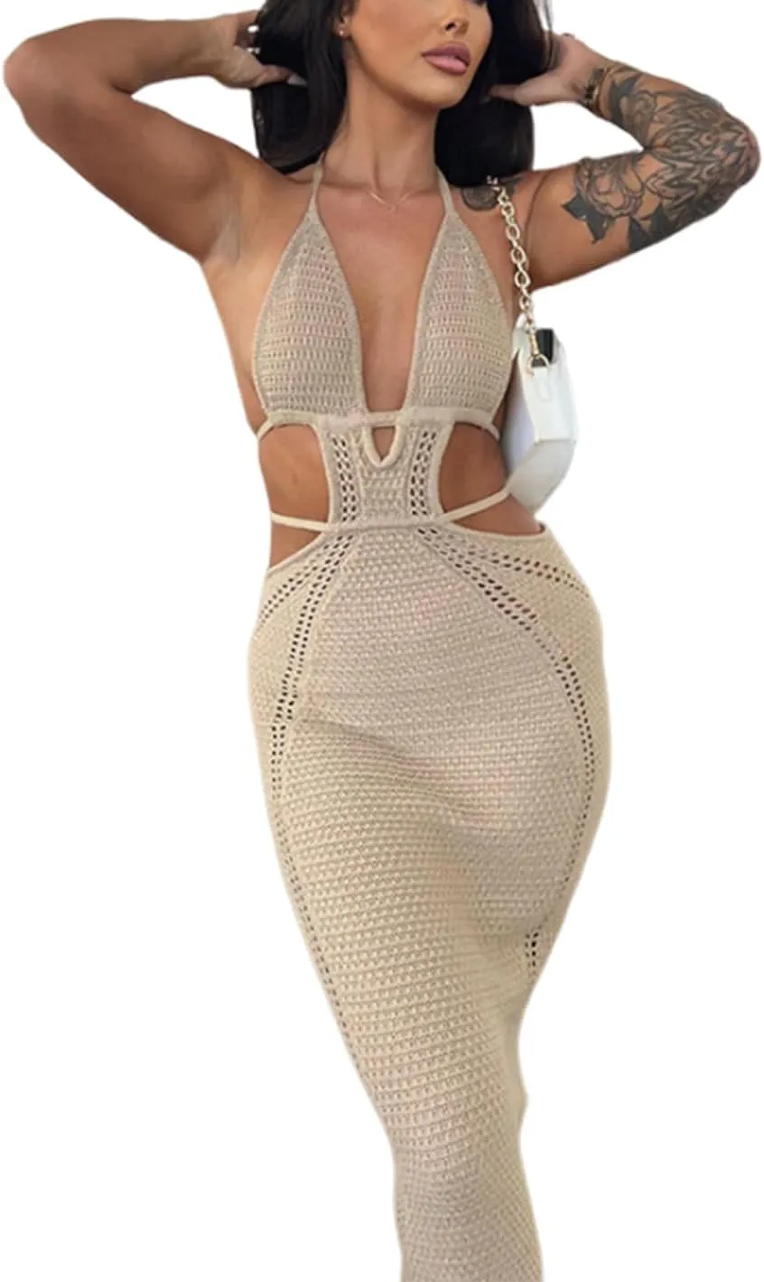 Sexy Crochet Maxi Dress for Women Bodycon Backless Strapless Halter Dress Hollow Out Knit Long Beach Dress Summer