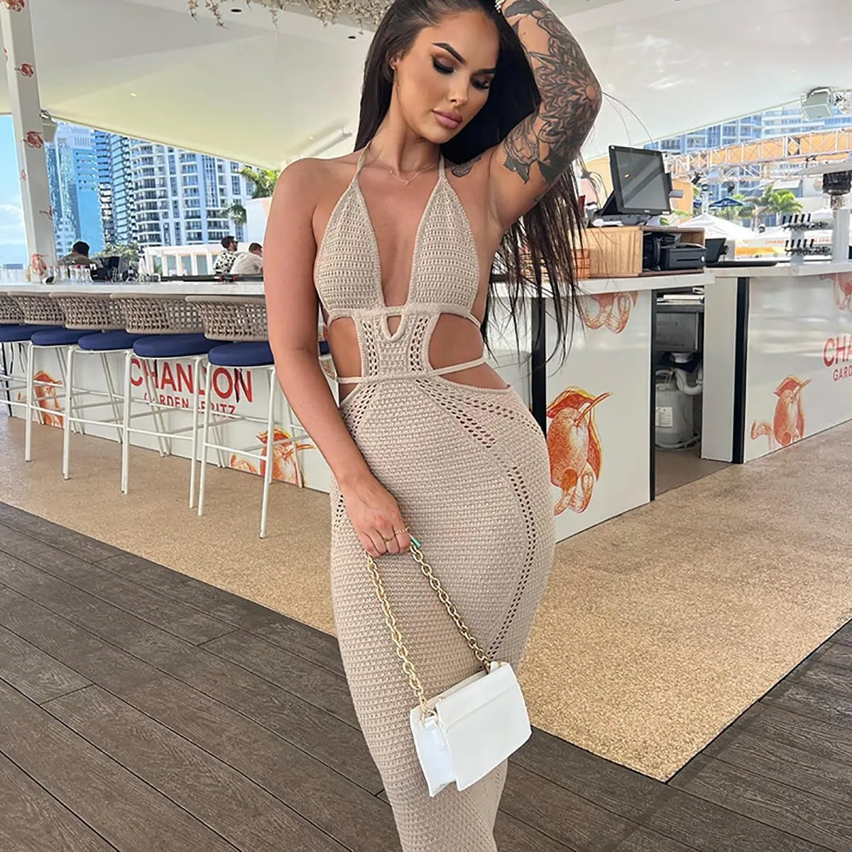 Sexy Crochet Maxi Dress for Women Bodycon Backless Strapless Halter Dress Hollow Out Knit Long Beach Dress Summer
