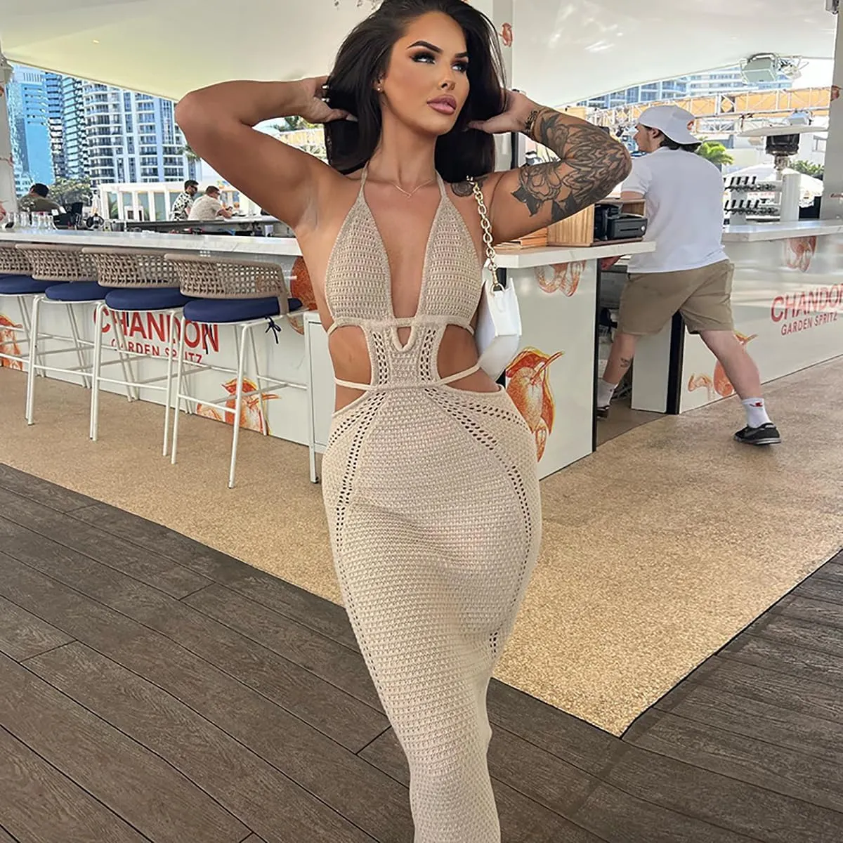 Sexy Crochet Maxi Dress for Women Bodycon Backless Strapless Halter Dress Hollow Out Knit Long Beach Dress Summer