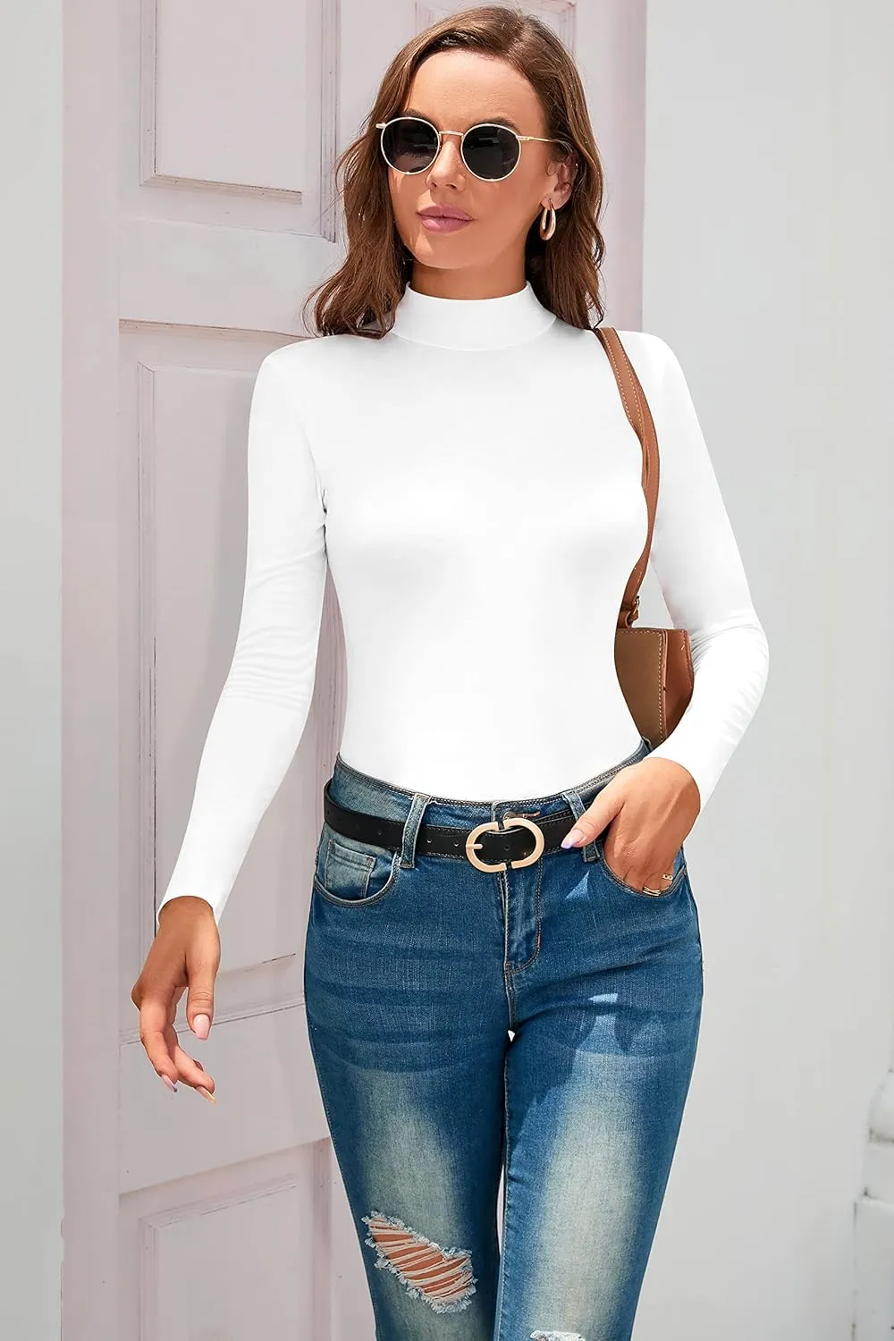 SHEIUGU Womens Sleeveless Long Sleeve Mock Turtle Neck Bodysuit Soft Slim Fit Stretchy Layer Top Classic Jumpsuit
