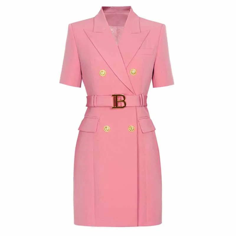 Short Sleeves Double Breasted Gold Button Blazer Dress Women Mini Blazer Dresses
