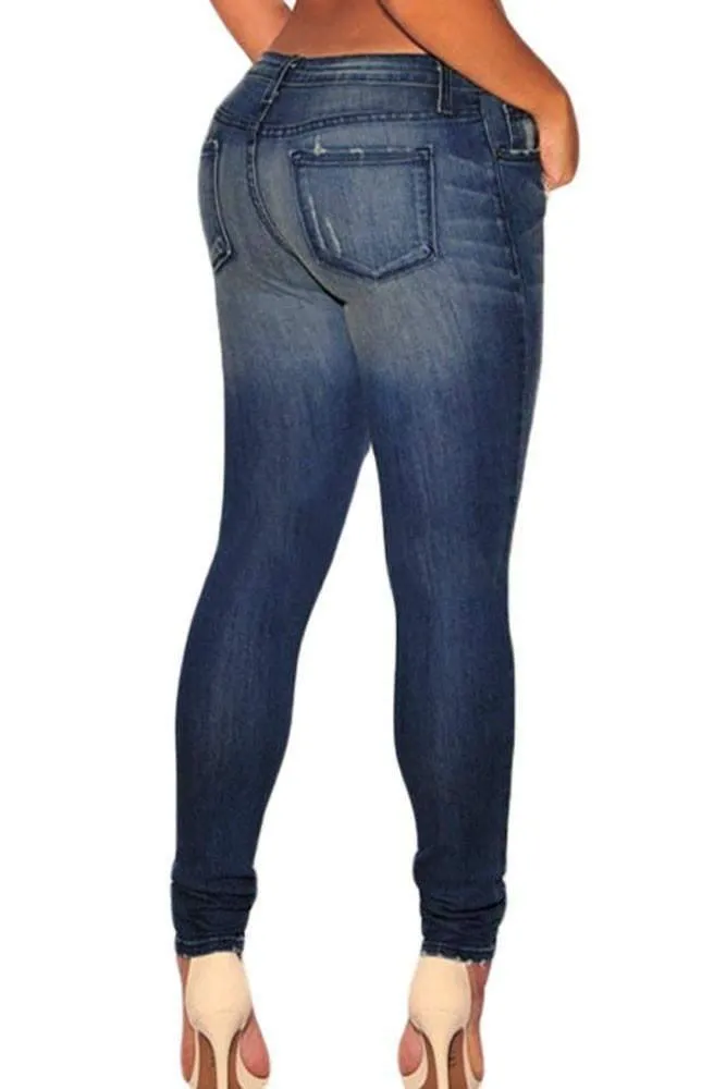 Skinny Sandblast Wash Destroyed Ladies Jeans