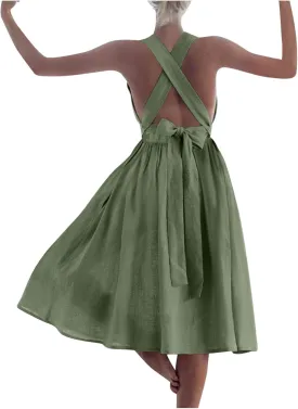 Summer Linen Dresses for Women 2025 Sleeveless Tie Bow Criss Cross Back Midi Sundress Pleated A-Line Beach Party Dress