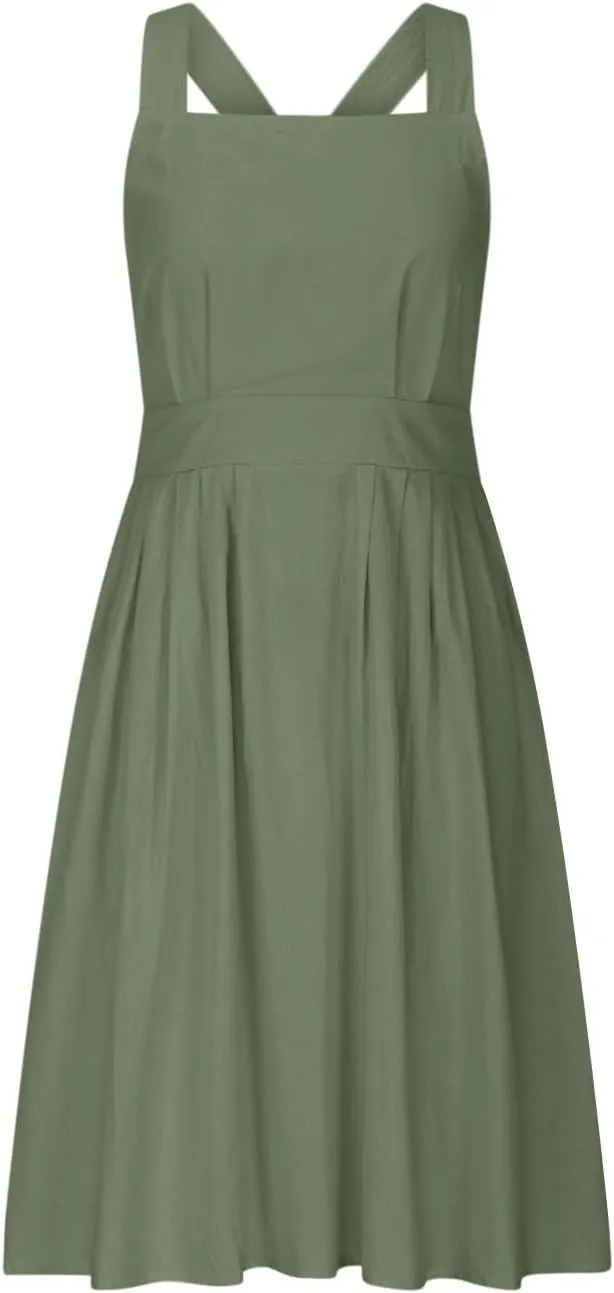 Summer Linen Dresses for Women 2025 Sleeveless Tie Bow Criss Cross Back Midi Sundress Pleated A-Line Beach Party Dress