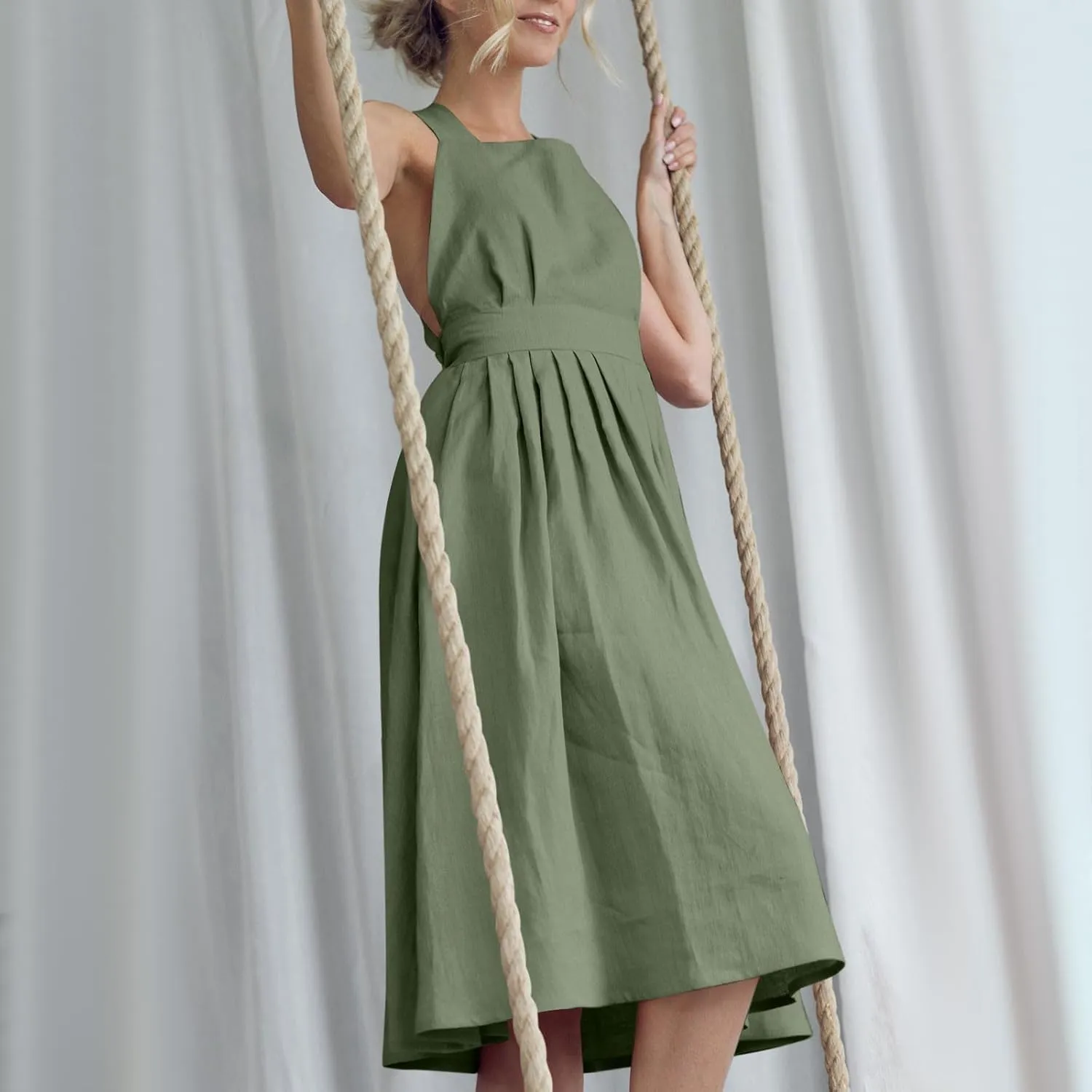 Summer Linen Dresses for Women 2025 Sleeveless Tie Bow Criss Cross Back Midi Sundress Pleated A-Line Beach Party Dress