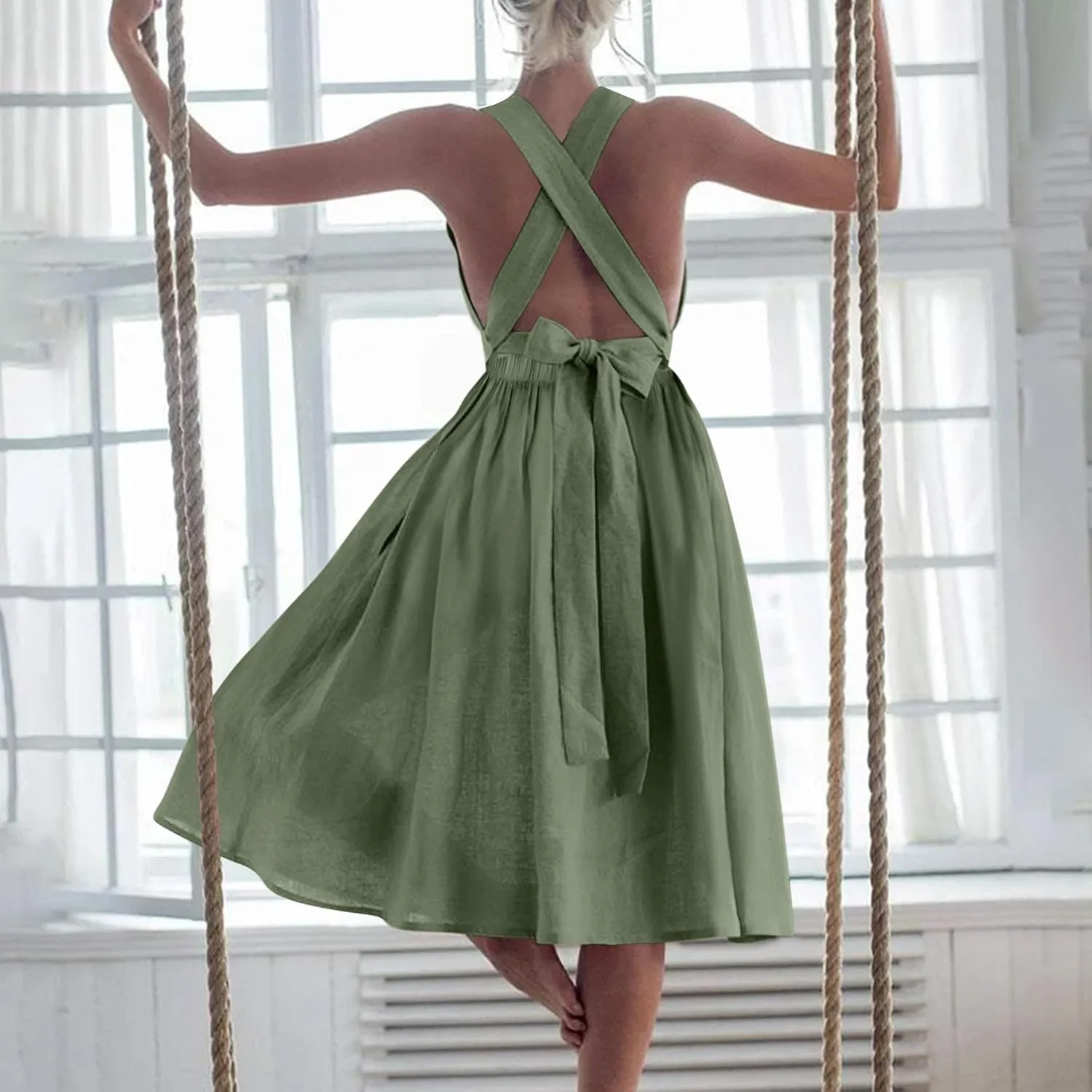 Summer Linen Dresses for Women 2025 Sleeveless Tie Bow Criss Cross Back Midi Sundress Pleated A-Line Beach Party Dress