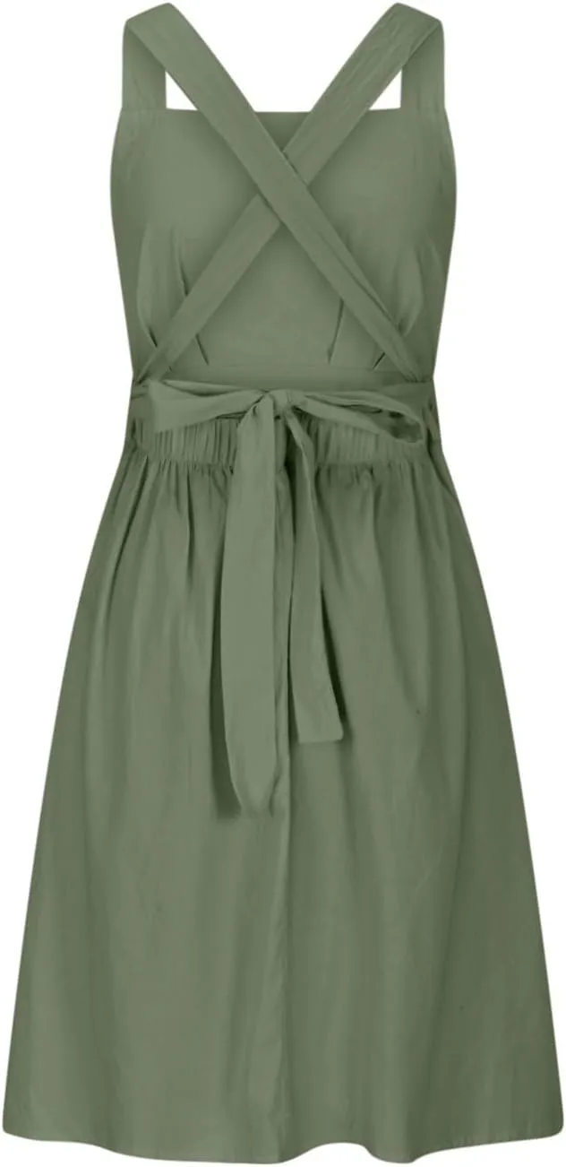 Summer Linen Dresses for Women 2025 Sleeveless Tie Bow Criss Cross Back Midi Sundress Pleated A-Line Beach Party Dress