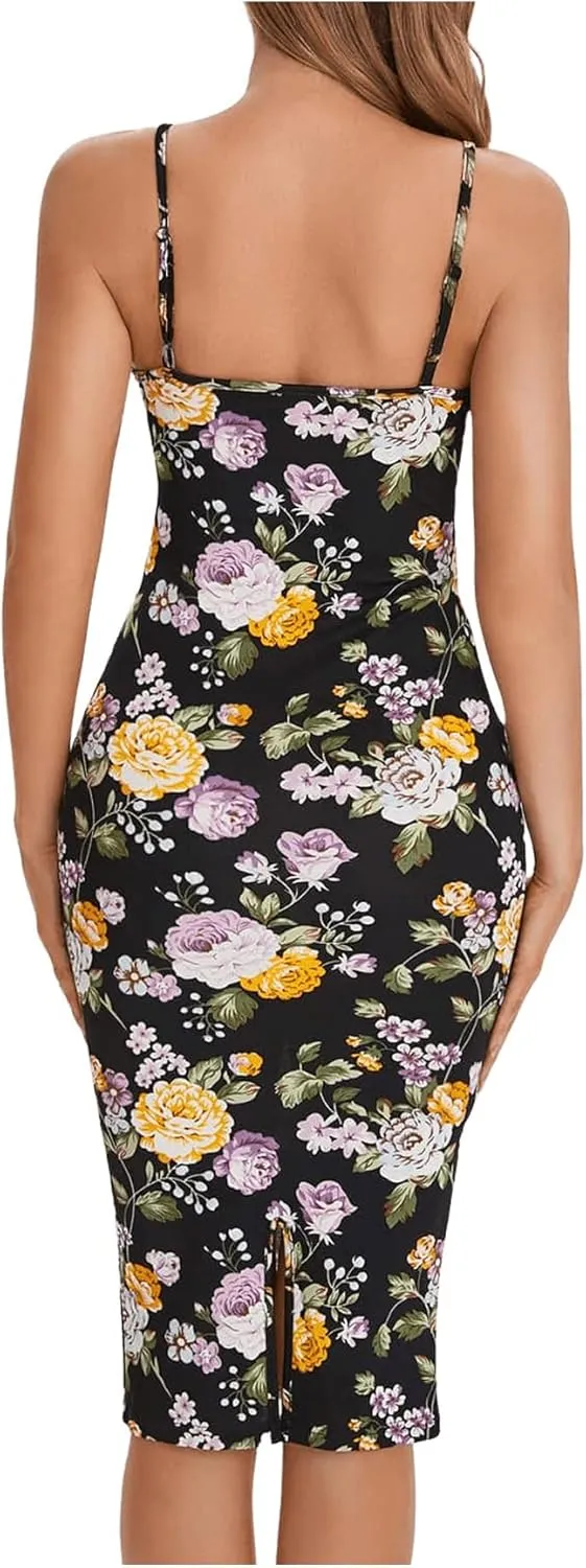 SweatyRocks Women's Floral Print Split Bodycon Dress Cami Midi Dress