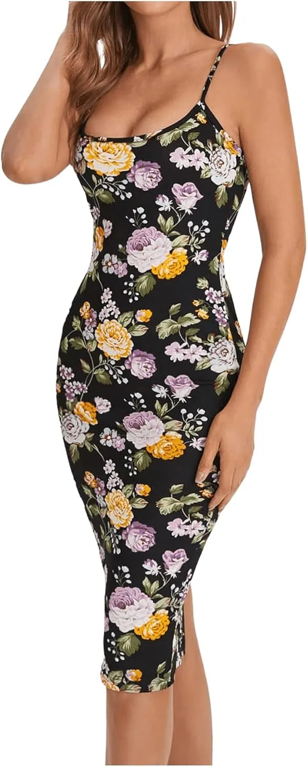 SweatyRocks Women's Floral Print Split Bodycon Dress Cami Midi Dress