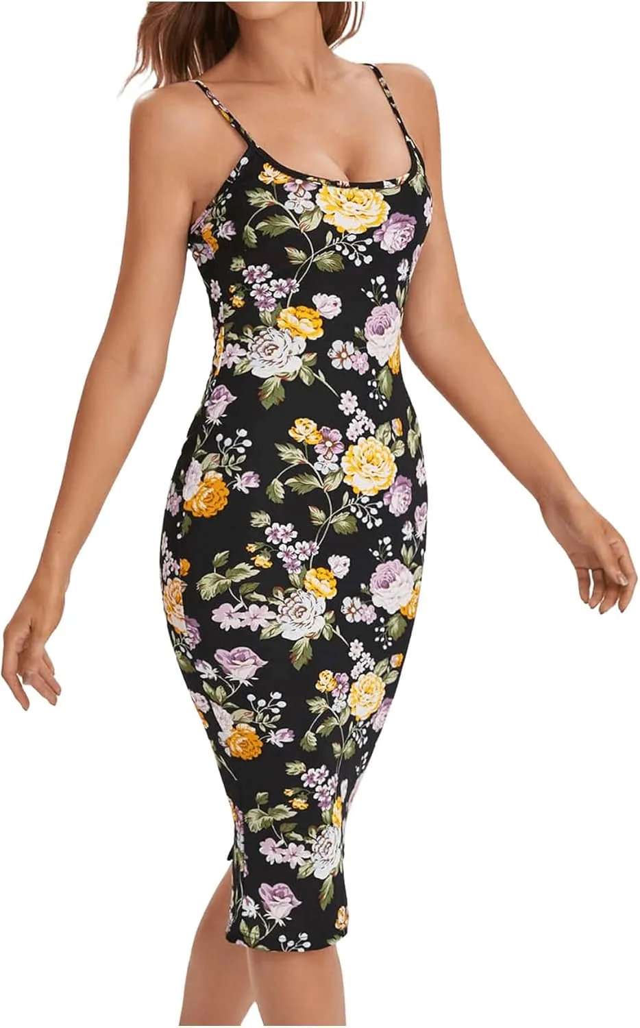 SweatyRocks Women's Floral Print Split Bodycon Dress Cami Midi Dress