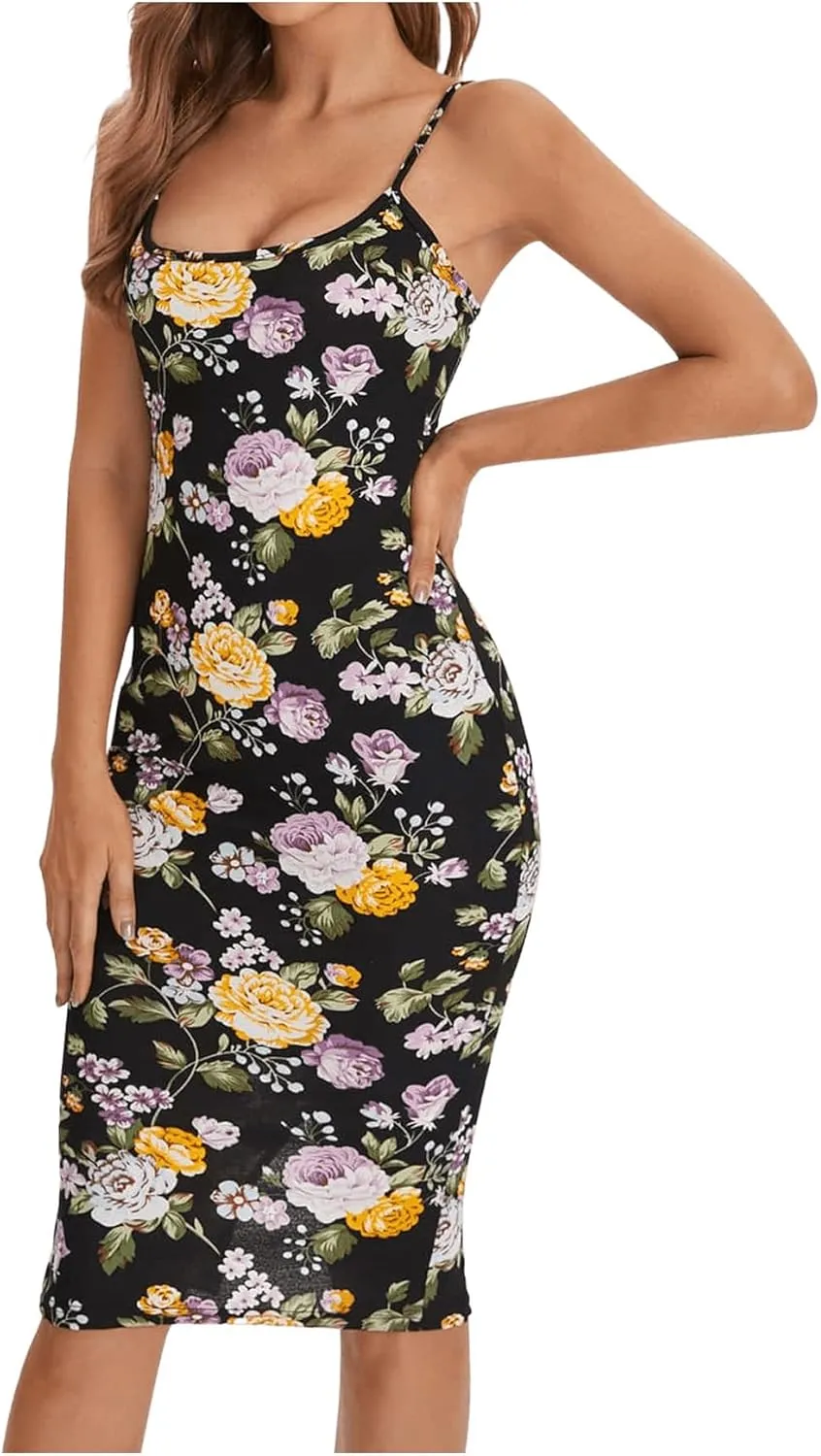 SweatyRocks Women's Floral Print Split Bodycon Dress Cami Midi Dress