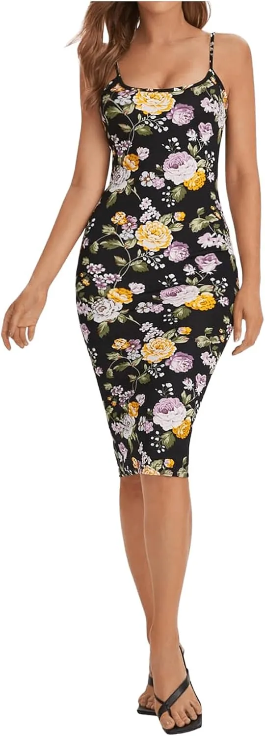 SweatyRocks Women's Floral Print Split Bodycon Dress Cami Midi Dress