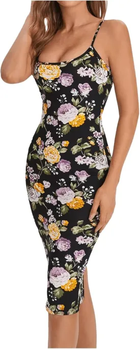 SweatyRocks Women's Floral Print Split Bodycon Dress Cami Midi Dress
