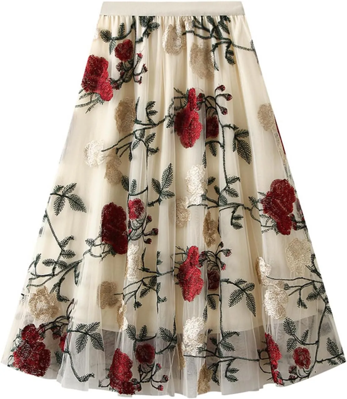 Tulle Skirts for Women High Waist Layered Floral Print Embroidery Mesh A-Line Skirt Party Dress