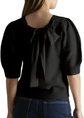UAURORAO Sweater with Bows for Women Puff Short Sleeve Crewneck Pullover Top Tie Back Bowknot Knit T Shirt Blouses