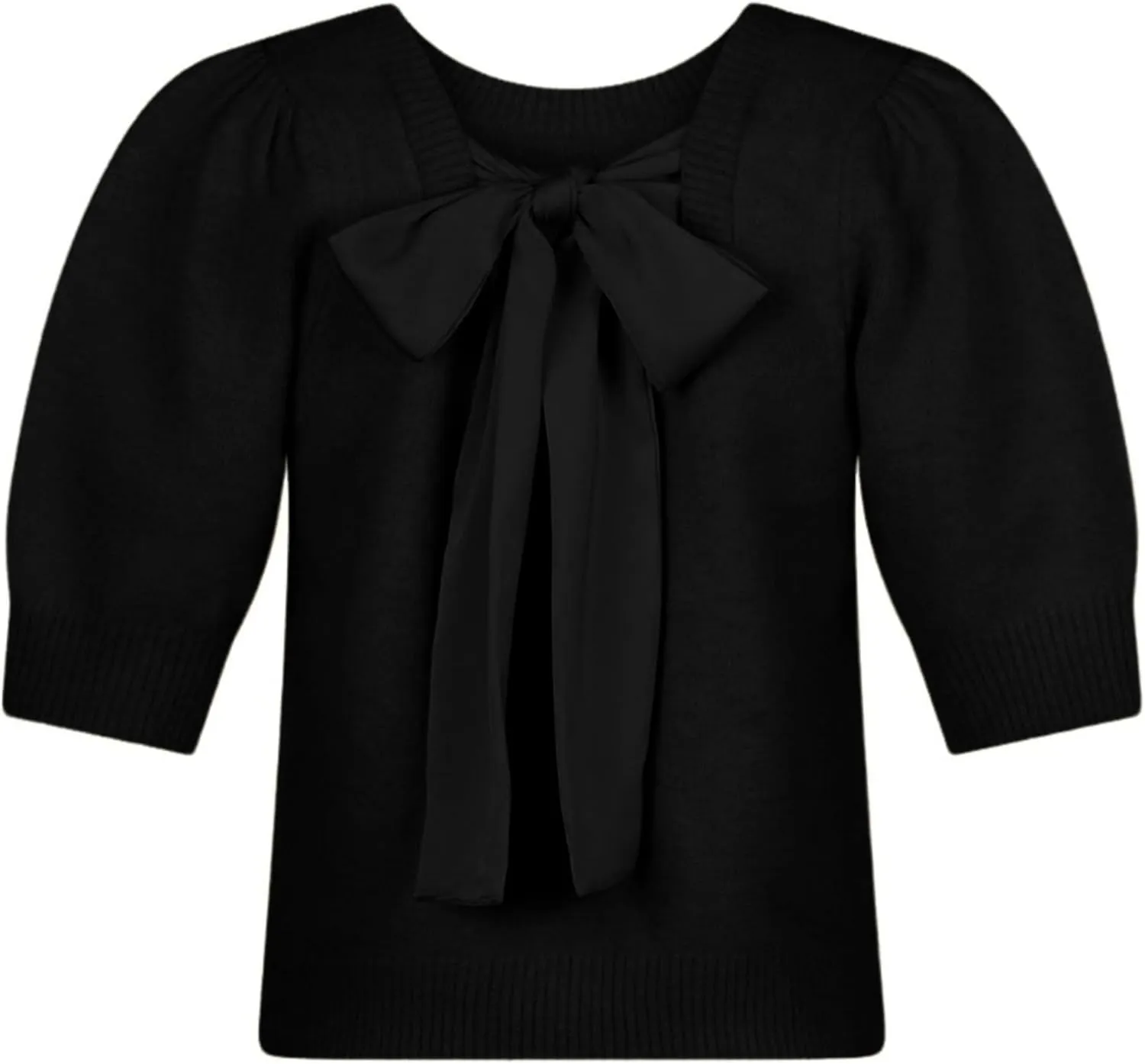 UAURORAO Sweater with Bows for Women Puff Short Sleeve Crewneck Pullover Top Tie Back Bowknot Knit T Shirt Blouses