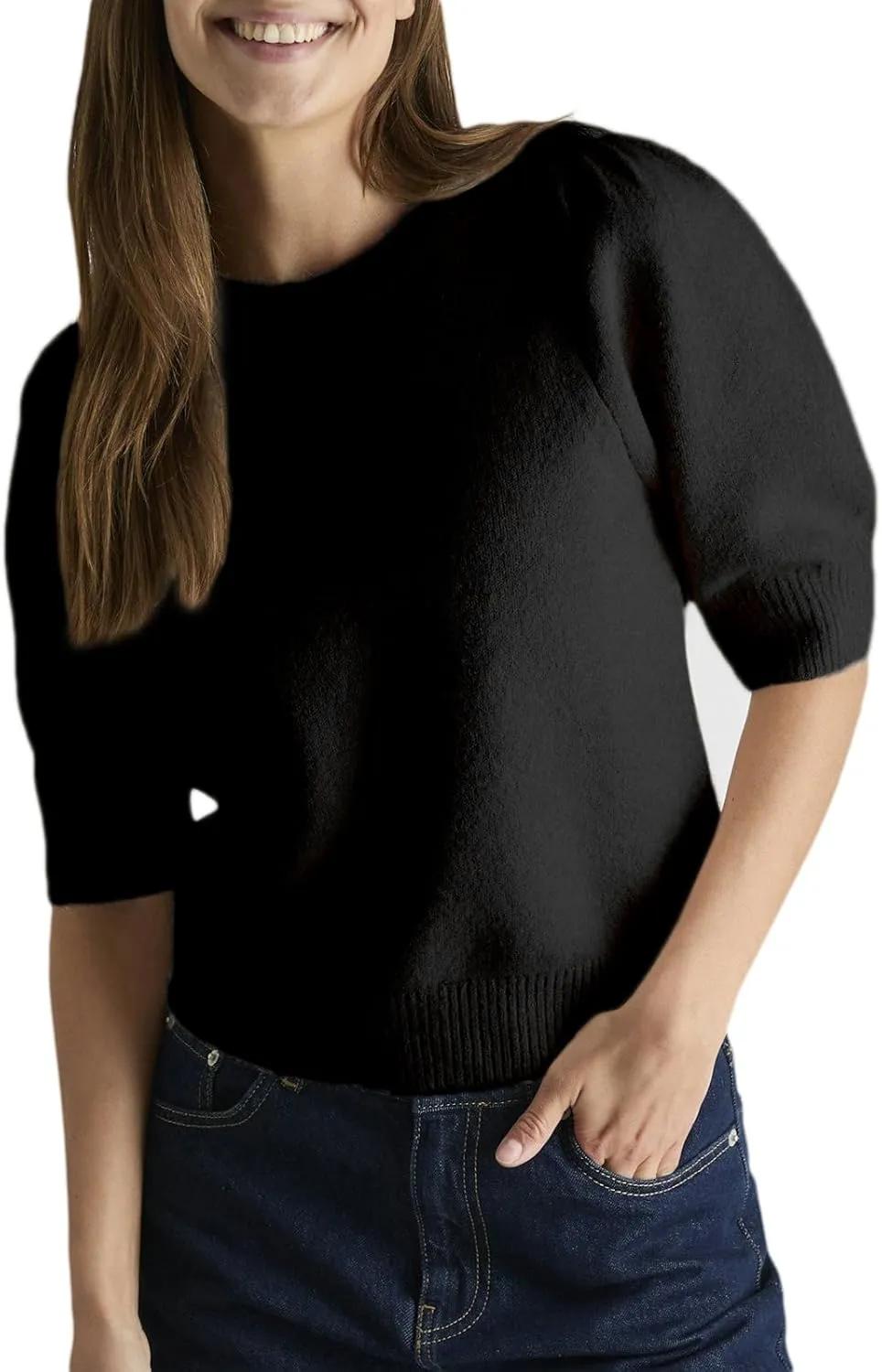 UAURORAO Sweater with Bows for Women Puff Short Sleeve Crewneck Pullover Top Tie Back Bowknot Knit T Shirt Blouses