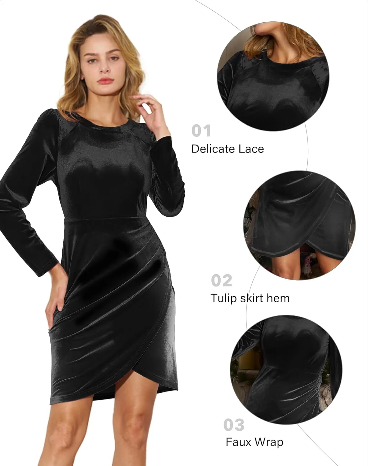 Velvet Wrap Mini Dress for Fall Lace Long Sleeve Short Dress Semi Formal Sexy Cocktail Party Winter Club Dress