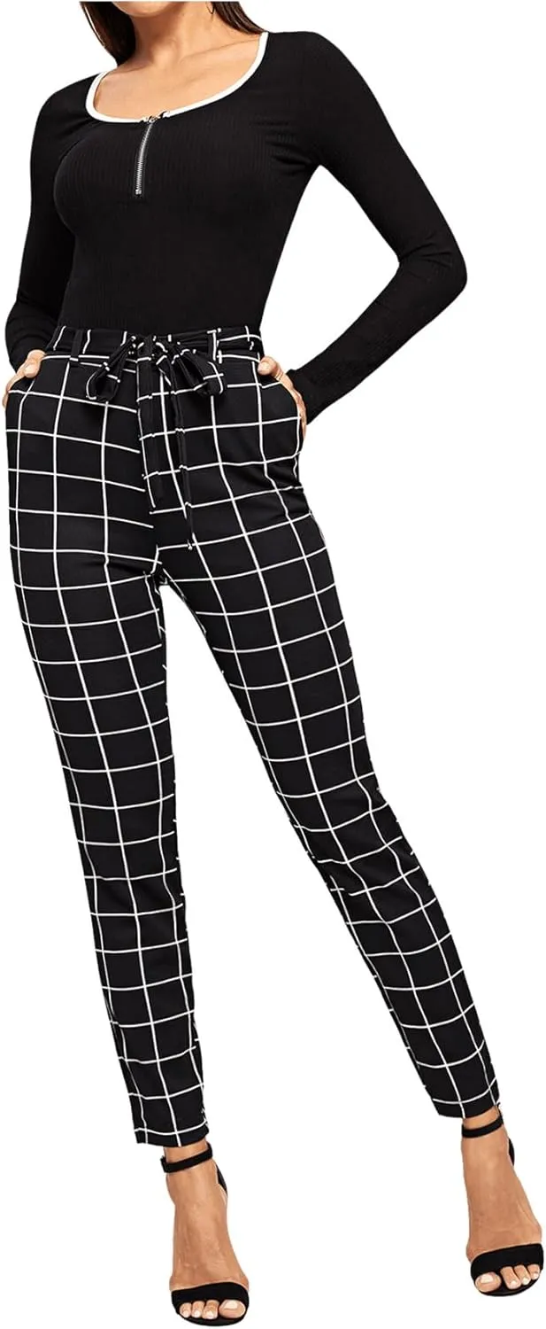 WDIRARA Women's Stretchy Plaid Print Pants Soft Skinny Regular Fashion Leggings
