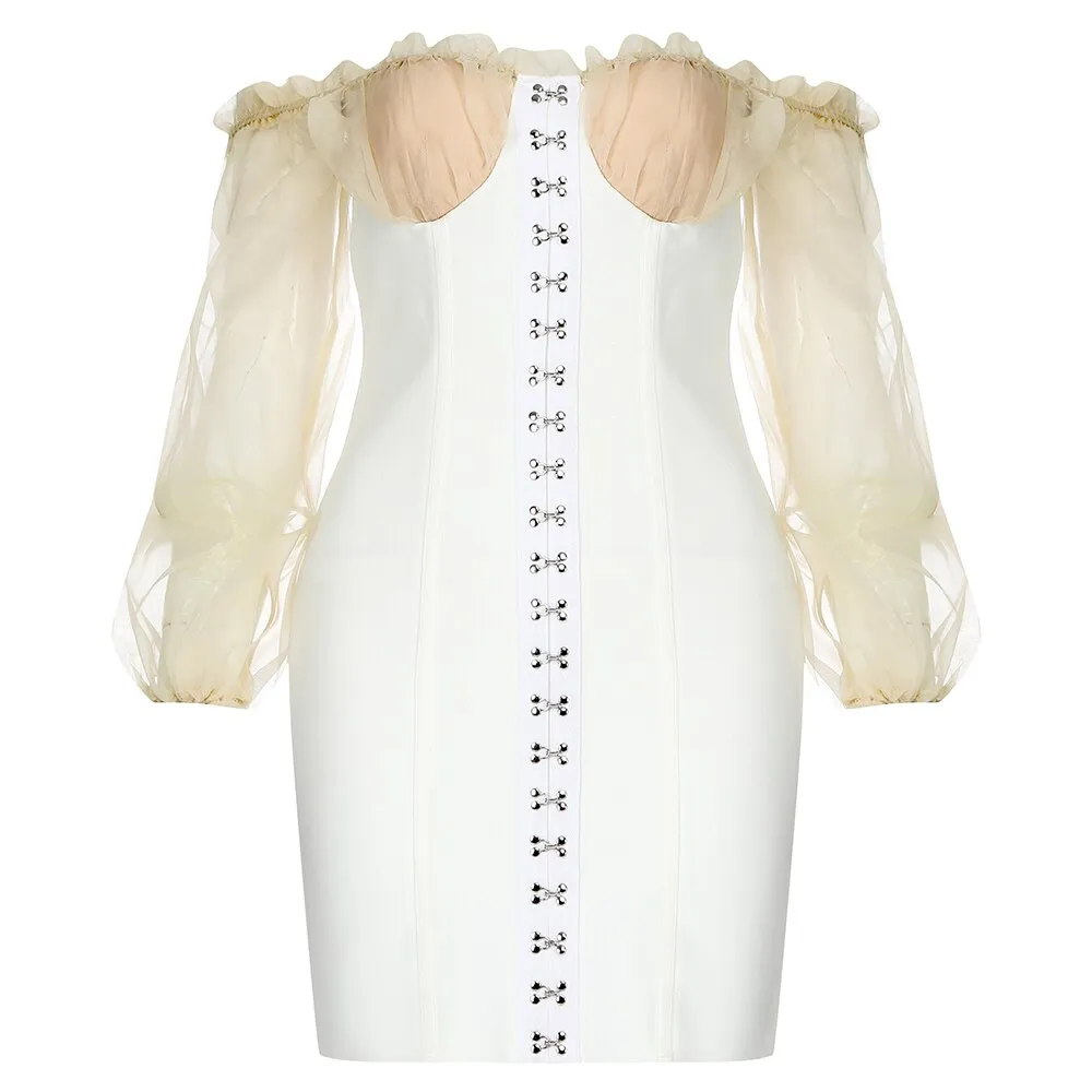 White Bardot Puff Sleeve Bandage Mini Dress
