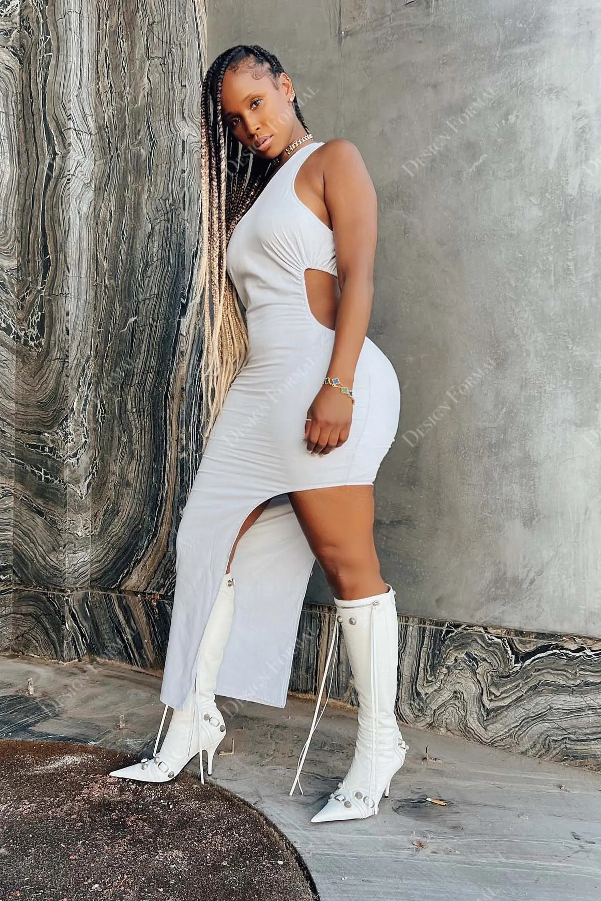 White One Shoulder Sexy Cutout Tailor Made Ankle Length Prom Dress