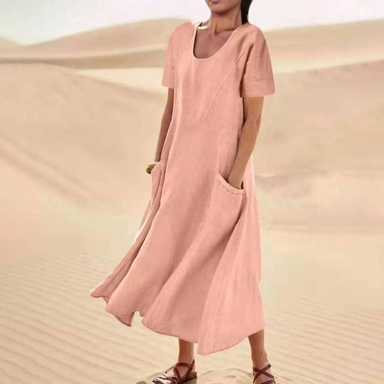 Women 2023 Summer Casual Short Sleeve Cotton Linen Dress Simple Solid Color Loose Beach Sundress with Pockets