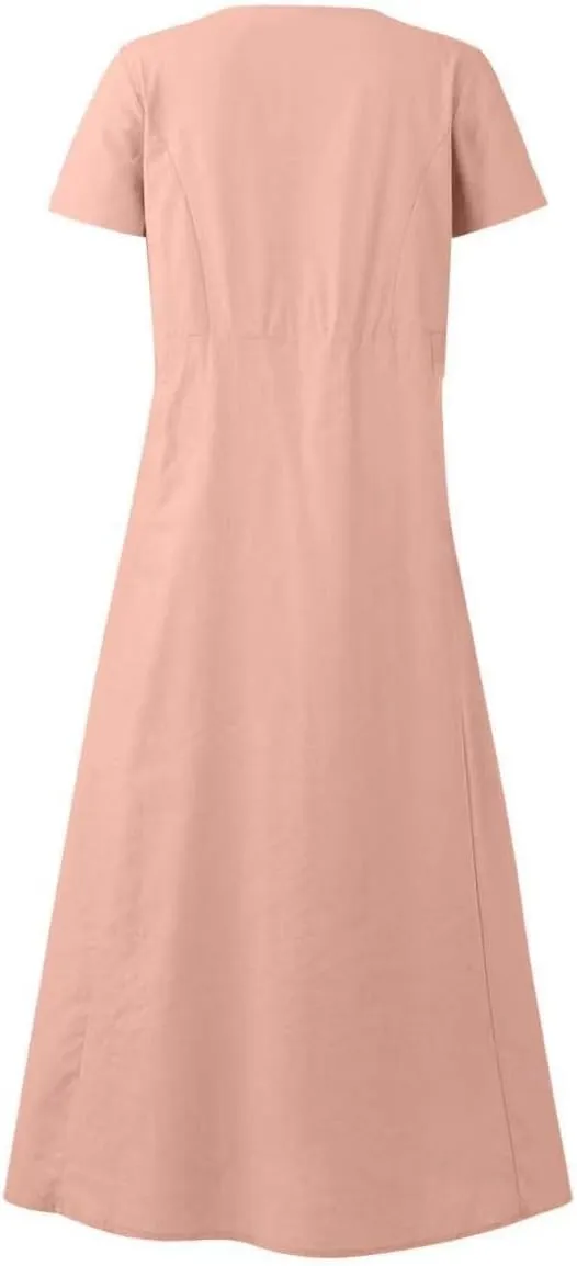 Women 2023 Summer Casual Short Sleeve Cotton Linen Dress Simple Solid Color Loose Beach Sundress with Pockets