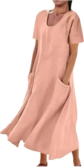 Women 2023 Summer Casual Short Sleeve Cotton Linen Dress Simple Solid Color Loose Beach Sundress with Pockets