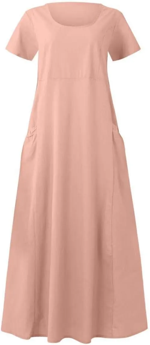 Women 2023 Summer Casual Short Sleeve Cotton Linen Dress Simple Solid Color Loose Beach Sundress with Pockets