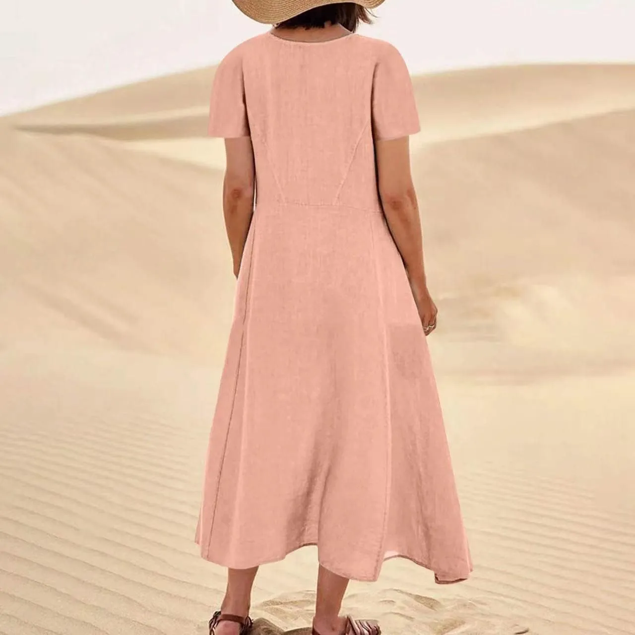 Women 2023 Summer Casual Short Sleeve Cotton Linen Dress Simple Solid Color Loose Beach Sundress with Pockets