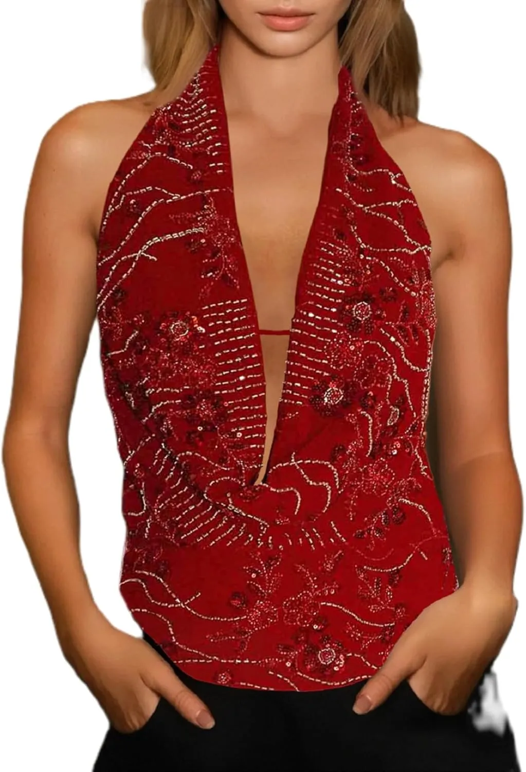 Women Sequin Plunge Neck Halter Cami Top Rhinestone Glitter Floral Sleeveless Tank Top Sparkly Sexy Streetwear