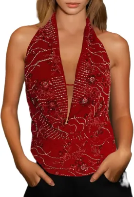 Women Sequin Plunge Neck Halter Cami Top Rhinestone Glitter Floral Sleeveless Tank Top Sparkly Sexy Streetwear