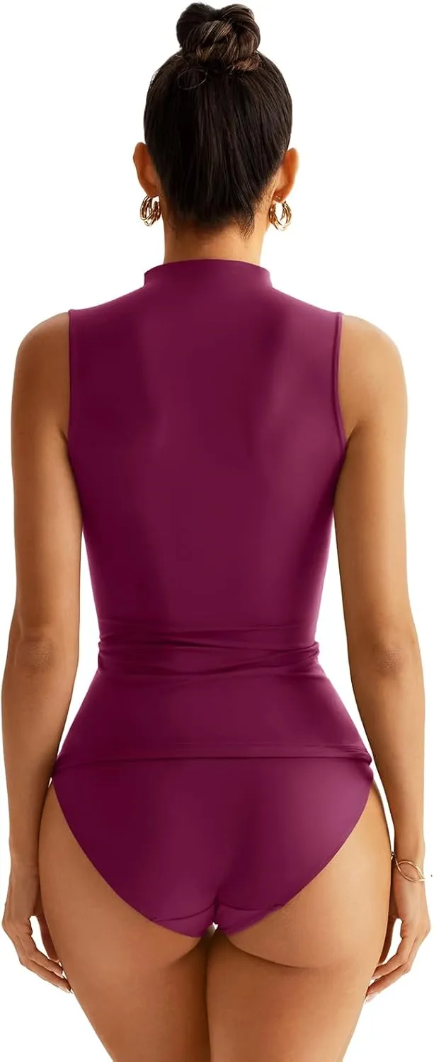 Women Sleeveless Mock Turtle Neck Tops Double Lined Fitted Tank Tops Basic T Shirts 2025