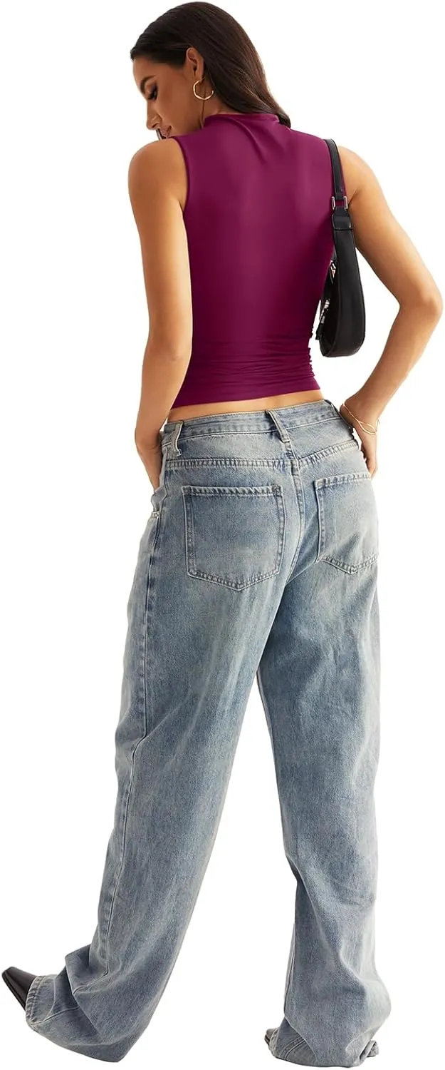 Women Sleeveless Mock Turtle Neck Tops Double Lined Fitted Tank Tops Basic T Shirts 2025
