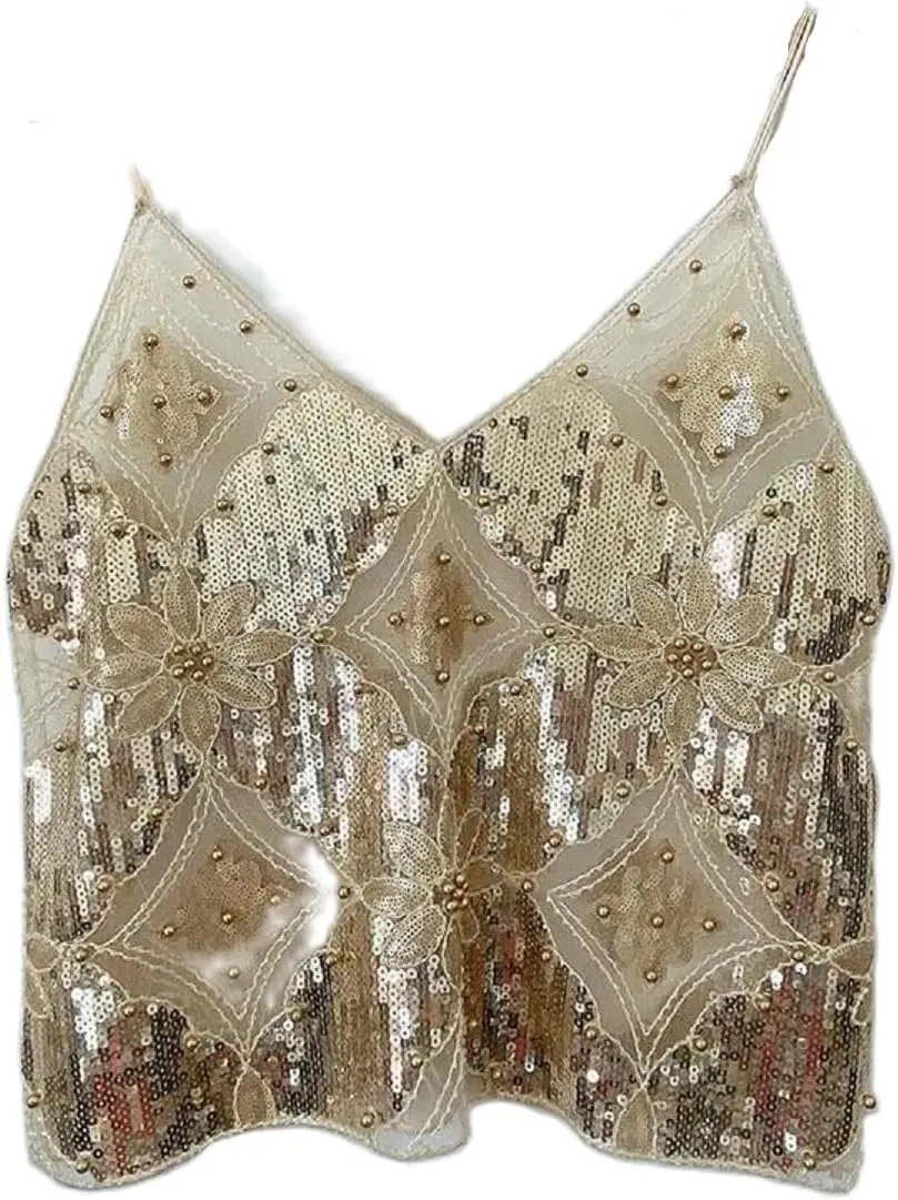 Women Y2K Sequin Cami Top Sexy Sparkly V Neck Tank Top Backless Glitter Crop Tops Floral Rhinestone Clubwear