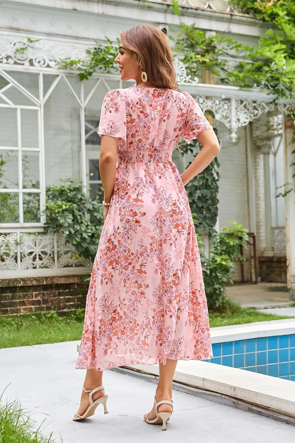 Women's Floral Maxi Dress Flowy V Neck Empire Waist Summer Wedding Guest Party Casual Chiffon Dress