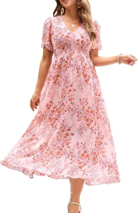 Women's Floral Maxi Dress Flowy V Neck Empire Waist Summer Wedding Guest Party Casual Chiffon Dress