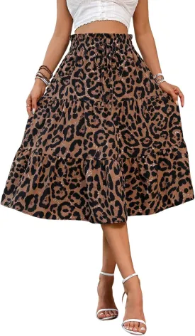 Women's Floral Tiered Midi Skirt Elastic Waist Dressy Casual A-line Summer Boho Skirts