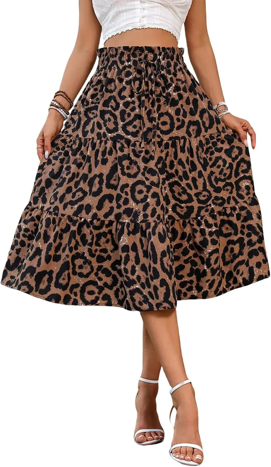 Women's Floral Tiered Midi Skirt Elastic Waist Dressy Casual A-line Summer Boho Skirts