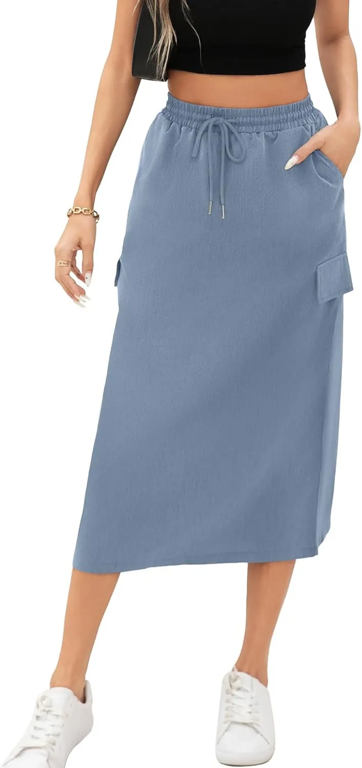 Women's Midi Cargo Skirt High Waist Drawstring Summer Slit Dressy Casual Skirts with Pockets